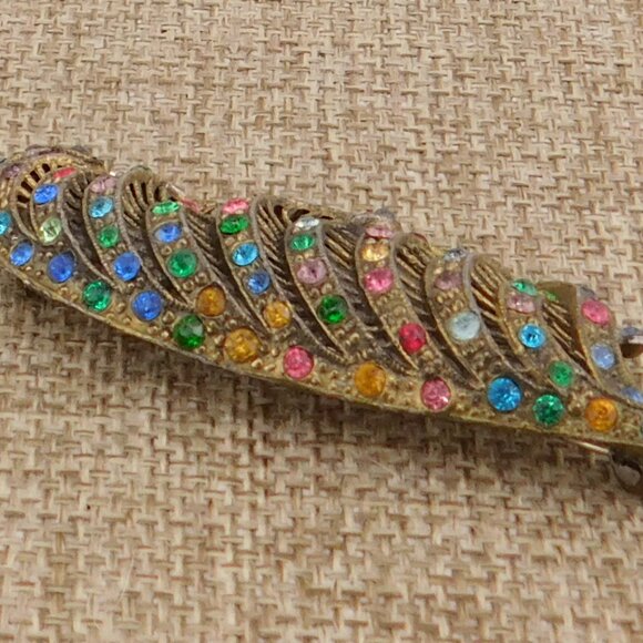 Crystal C-clasp Feather Leaf Pin Brooch VTG Cast Metal Multi Color Antique - Picture 2 of 6